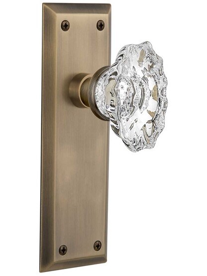 New York Door Set with Chateau Crystal Glass Knobs in Antique Brass.